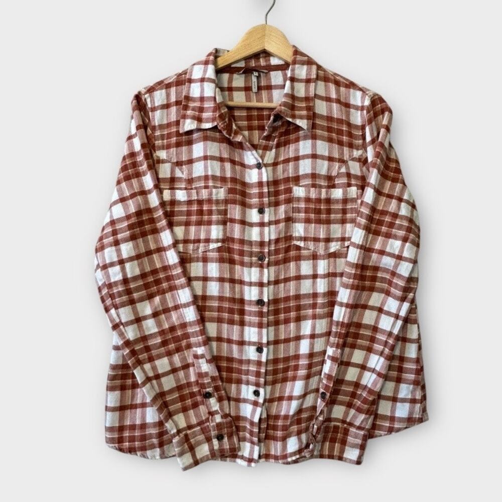 Buckle BKE Women's Plaid Cotton Button Up Rusty Natural Large
